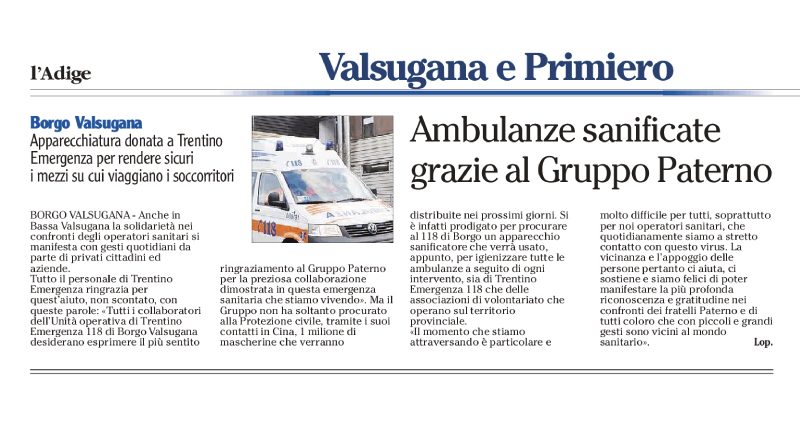 Gruppo Paterno: ambulanze sanificate